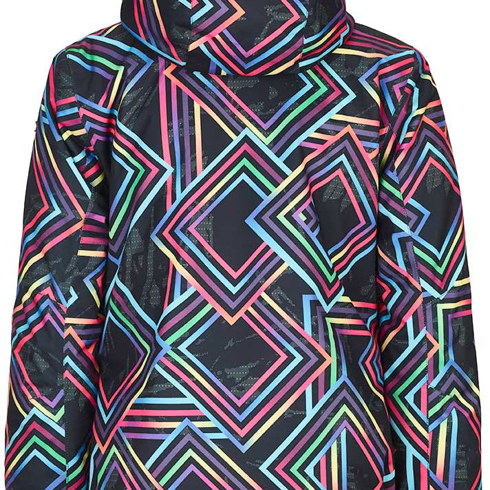 Killtec Junior Girl's Gizela Print Allover Insulated Jacket 2019-2020 - A black jacket with a colorful geometric pattern of pink, blue, green, and yellow lines.