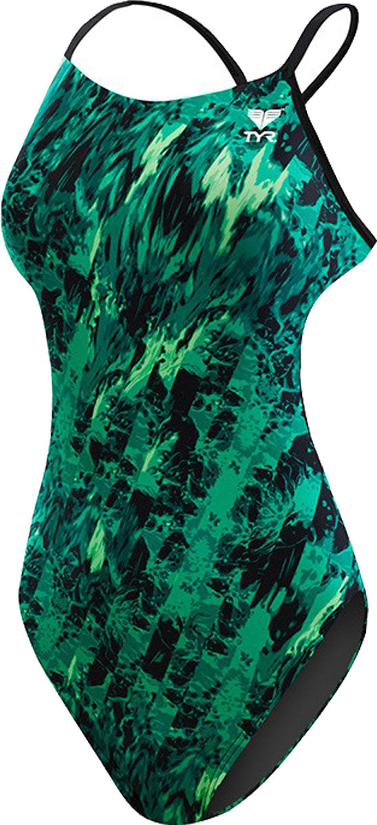 TYR Ladies' Glisade Cutout Fit One-Piece Swimsuit - A green and black one-piece swimsuit with a cutout design on the side, featuring a pattern of abstract shapes.