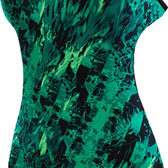 TYR Ladies' Glisade Cutout Fit One-Piece Swimsuit - A green and black one-piece swimsuit with a cutout design on the side, featuring a pattern of abstract shapes.