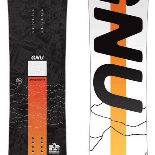 GNU Antigravity - White snowboard with orange stripe down center.