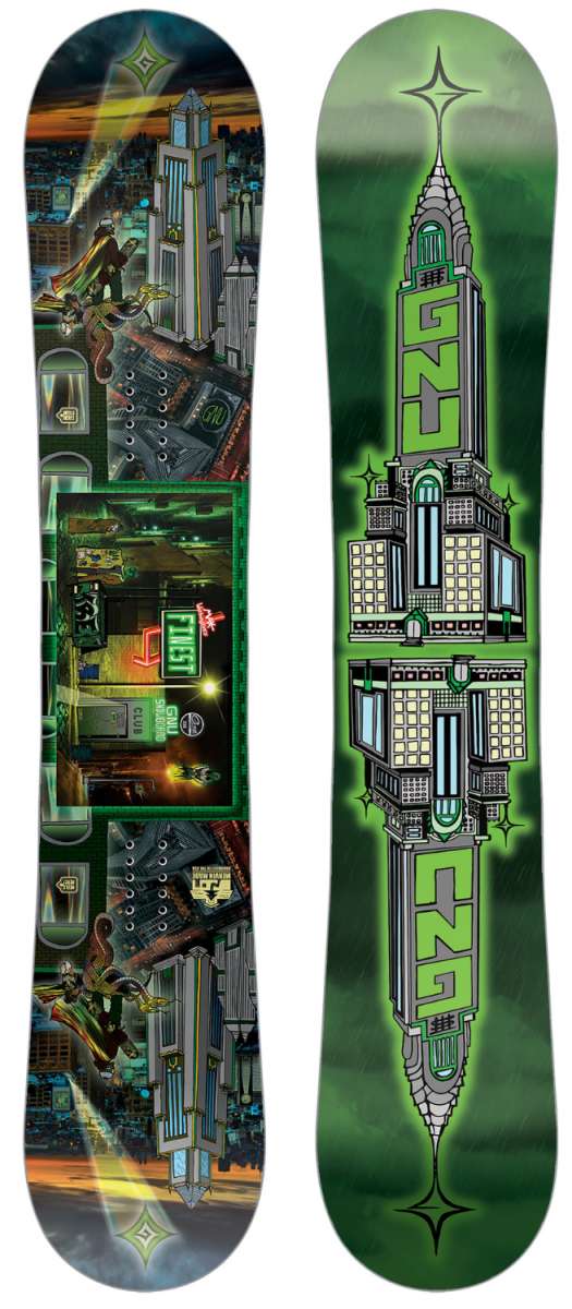 GNU Finest Snowboard 2023-2024 - A snowboard with a black base and white lettering, featuring the brand name "GNU" on top of it.