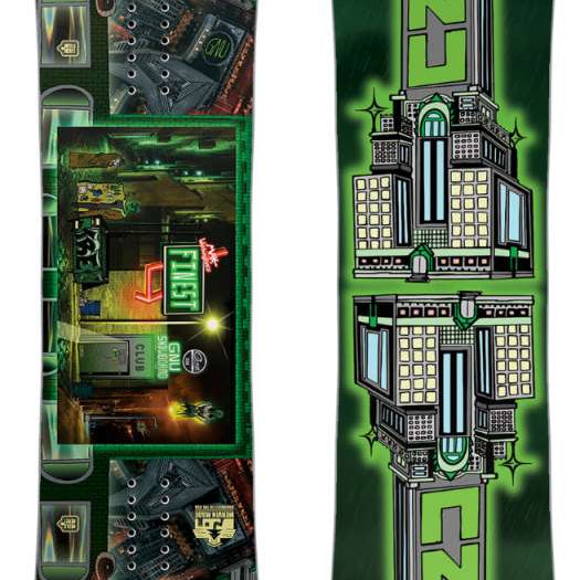 GNU Finest Snowboard 2023-2024 - A snowboard with a black base and white lettering, featuring the brand name "GNU" on top of it.