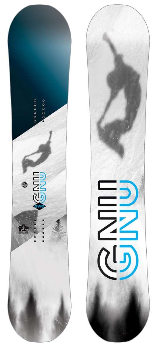 GNU GWO Snowboard 2024 B-Grade - A white snowboard with a black and blue logo on top, featuring a rider in mid-air.