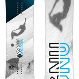GNU GWO Snowboard 2024 B-Grade - A white snowboard with a black and blue logo on top, featuring a rider in mid-air.