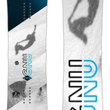 GNU GWO Snowboard 2024 - A white snowboard with a black logo and blue accents on top of a snowy background.