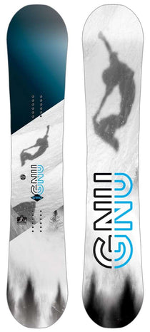 GNU GWO Snowboard 2024 - A white snowboard with a black logo and blue accents on top of a snowy background.