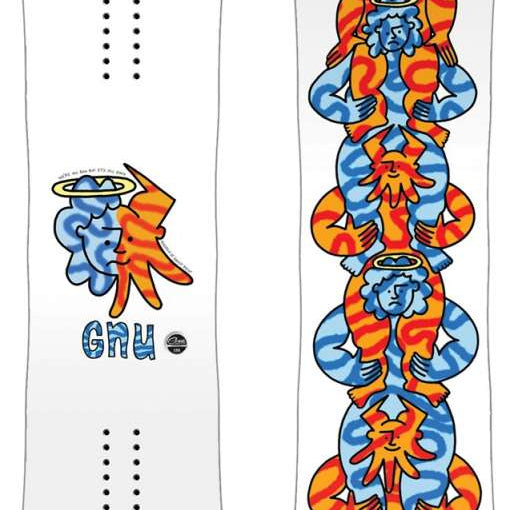 GNU Head Space Snowboard 2024 - A white snowboard with a blue, red, and orange abstract design featuring a person's head in profile.