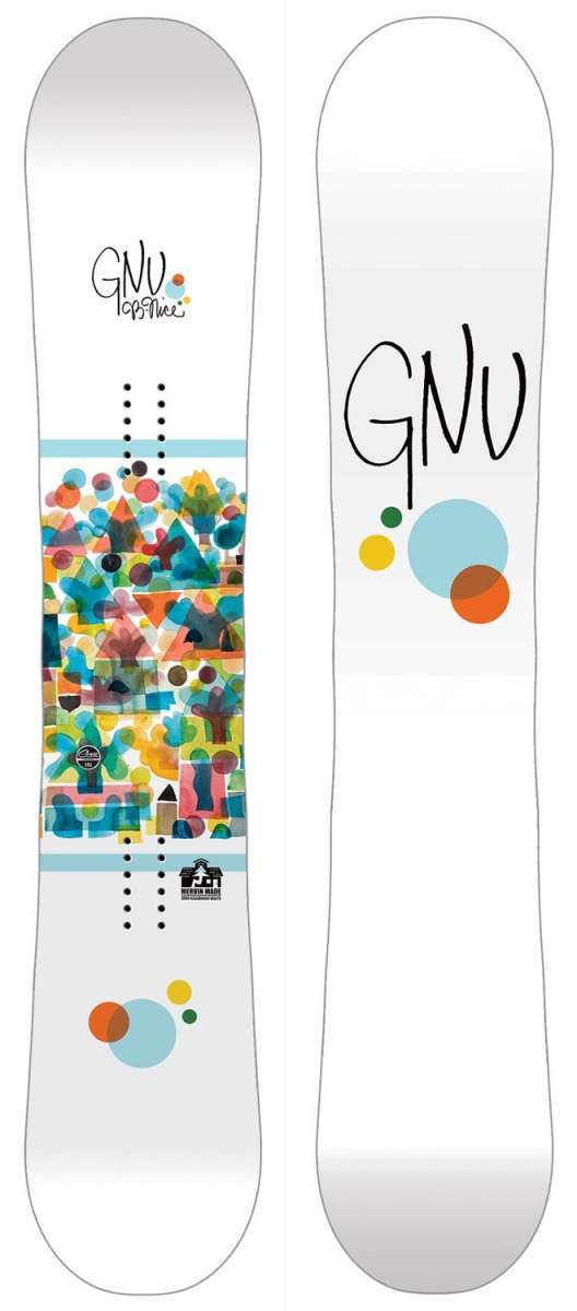 GNU Women's B-Nice Snowboard 2024 - A white snowboard with a colorful geometric pattern on top of the deck.
