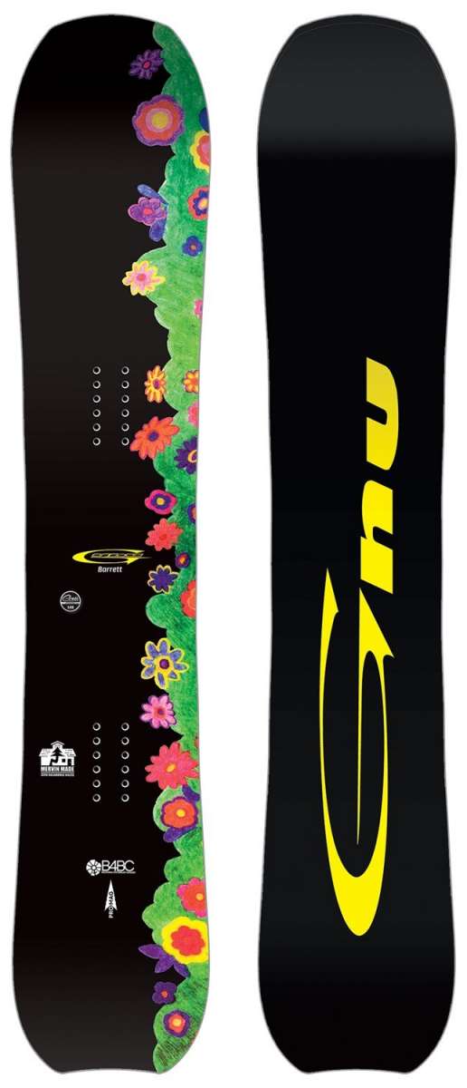 GNU Women's Barrett Snowboard 2024 - Black snowboard with green floral design on top and bottom edges.