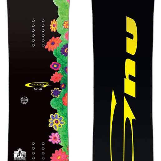 GNU Women's Barrett Snowboard 2024 - Black snowboard with green floral design on top and bottom edges.