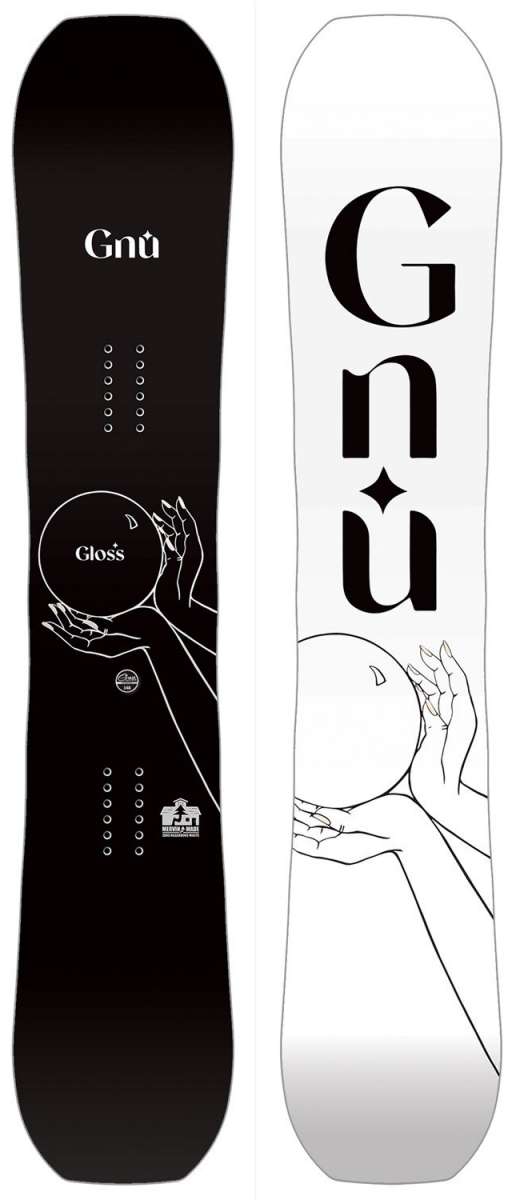 GNU Women's Gloss Snowboard 2024 - A black snowboard with a white logo and the word "Gloss" in white letters on the bottom left corner.