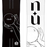 GNU Women's Gloss Snowboard 2024 - A black snowboard with a white logo and the word "Gloss" in white letters on the bottom left corner.