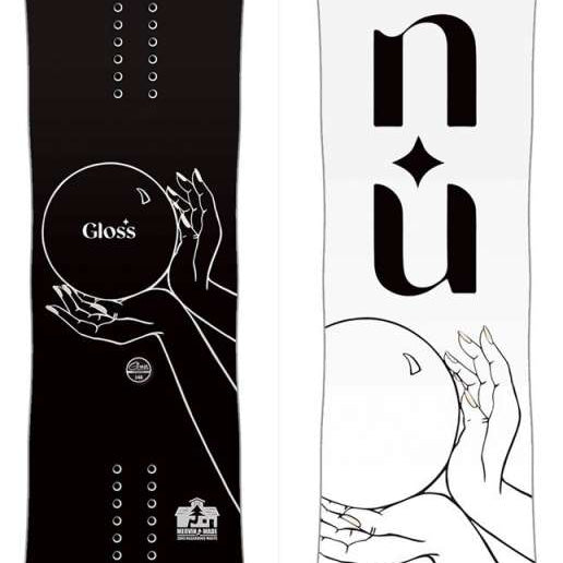 GNU Women's Gloss Snowboard 2024 - A black snowboard with a white logo and the word "Gloss" in white letters on the bottom left corner.