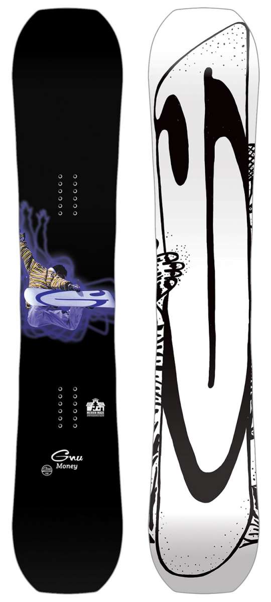 GNU Money - A black snowboard with a white abstract design featuring purple accents.