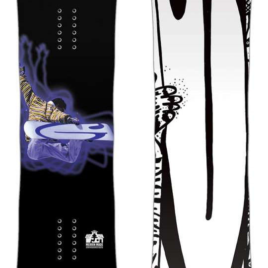 GNU Money - A black snowboard with a white abstract design featuring purple accents.