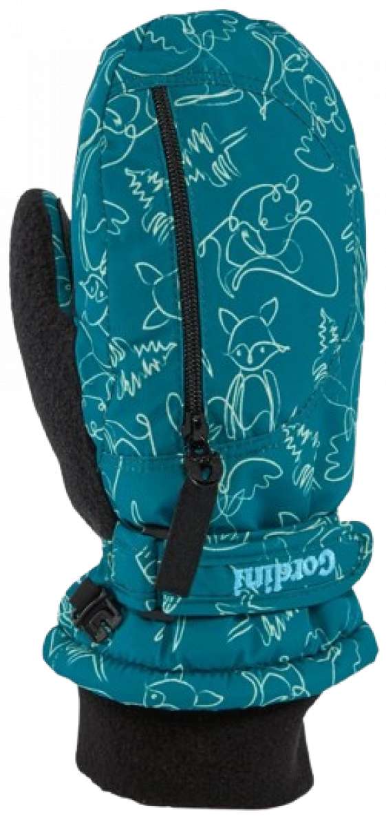 Gordini Kids Heaterpack Print Mitten - A teal mitten with a white line-drawn pattern of various animals, including foxes and bears.