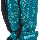 Gordini Kids Heaterpack Print Mitten - A teal mitten with a white line-drawn pattern of various animals, including foxes and bears.