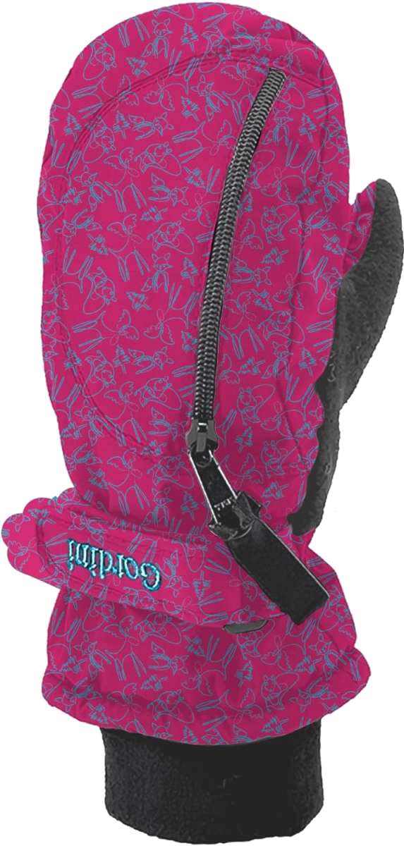 Gordini Kids Heaterpack Print Mitten - A pink mitten with a repeating pattern of cartoon skiers and snowboarders in blue outlines, featuring a black zipper on top.
