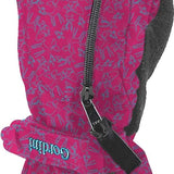 Gordini Kids Heaterpack Print Mitten - A pink mitten with a repeating pattern of cartoon skiers and snowboarders in blue outlines, featuring a black zipper on top.