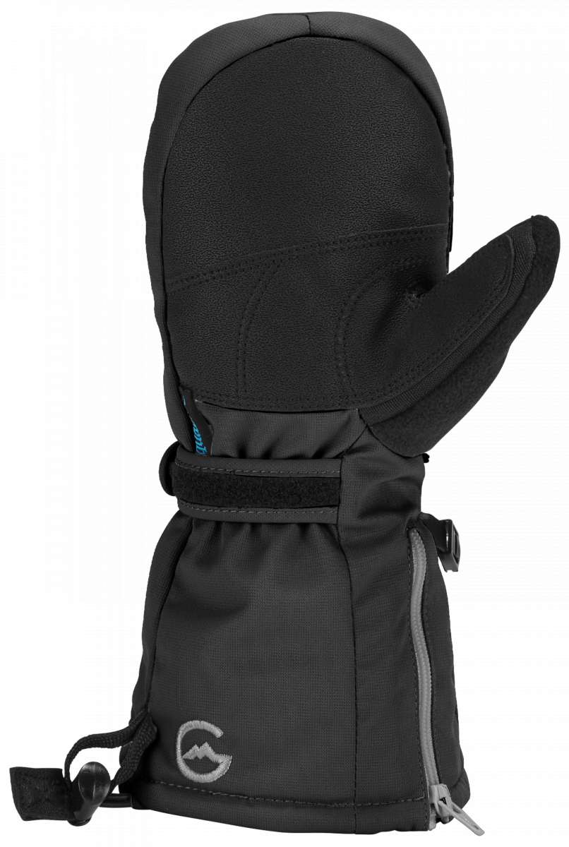 Gordini Kids Prima Mitten 2024 - A black mitten with a blue logo on the cuff and a strap closure.