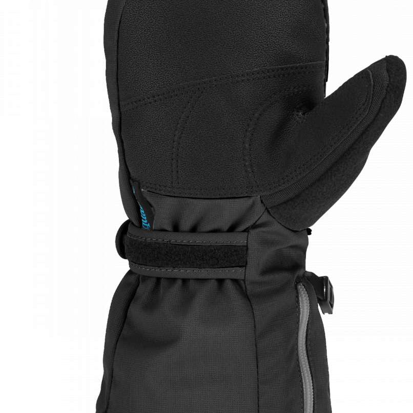 Gordini Kids Prima Mitten 2024 - A black mitten with a blue logo on the cuff and a strap closure.