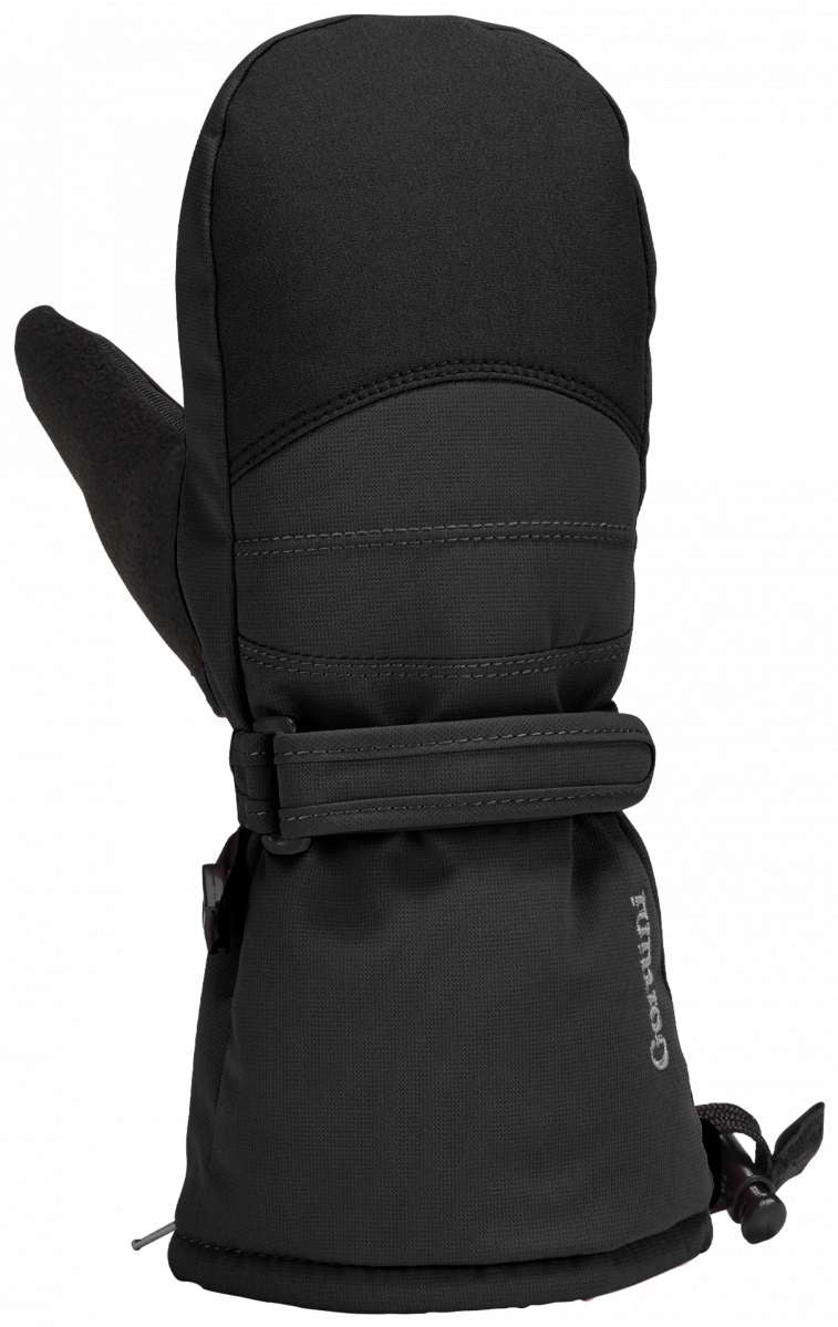 Gordini Kids Prima Mitten 2024 - A pair of black mittens with a strap and buckle closure, featuring a textured pattern on the palm side.