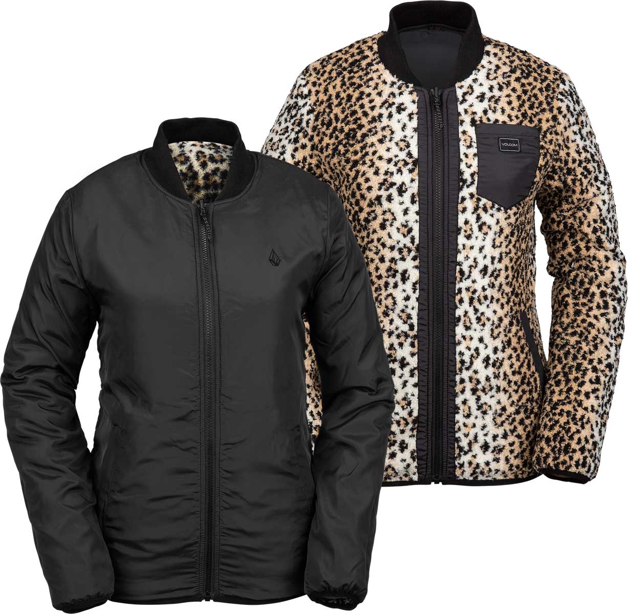 Volcom Women's Reversible Polar Shell Jacket 2020 - A black jacket with a leopard print lining visible on the inside of the collar and left sleeve.