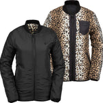 Volcom Women's Reversible Polar Shell Jacket 2020 - A black jacket with a leopard print lining visible on the inside of the collar and left sleeve.