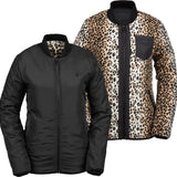 Volcom Women's Reversible Polar Shell Jacket 2020 - A black jacket with a leopard print lining visible on the inside of the collar and left sleeve.