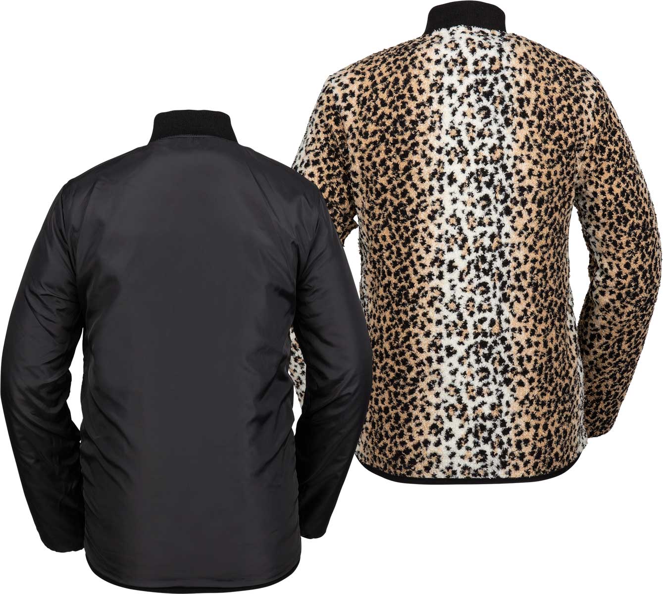Volcom Women's Reversible Polar Shell Jacket 2020 - A black jacket with a subtle leopard print on one side and solid black on the other.