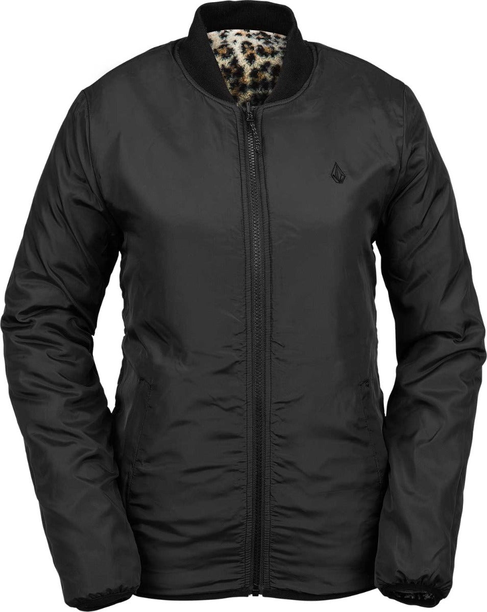 Volcom Women's Reversible Polar Shell Jacket 2020 - A black jacket with a leopard print lining visible on the inside of the collar.