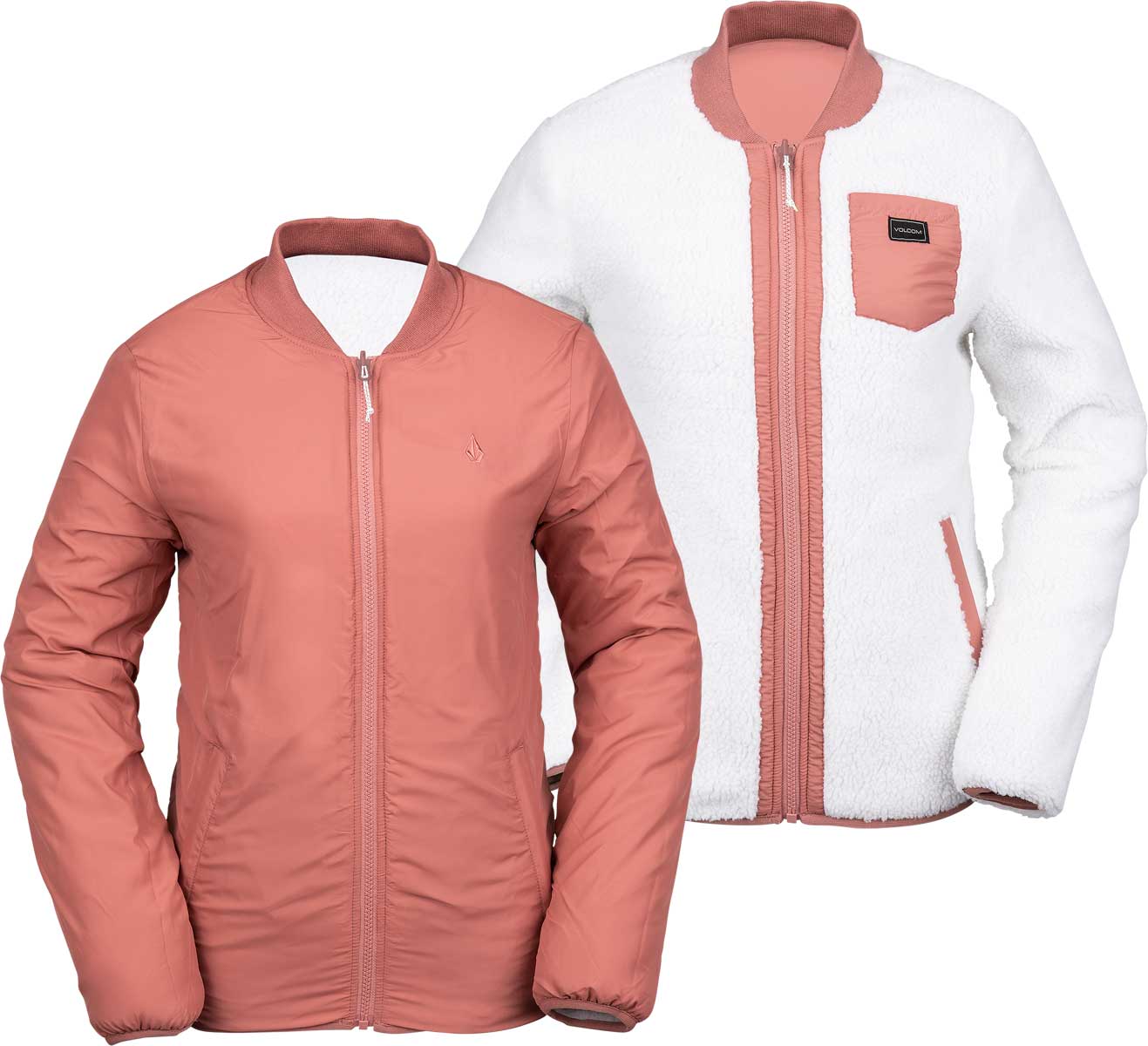 Volcom Women's Reversible Polar Shell Jacket 2020 - A white jacket with a pink fleece side and a pink shell side, featuring a black zipper on the front.