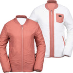 Volcom Women's Reversible Polar Shell Jacket 2020 - A white jacket with a pink fleece side and a pink shell side, featuring a black zipper on the front.