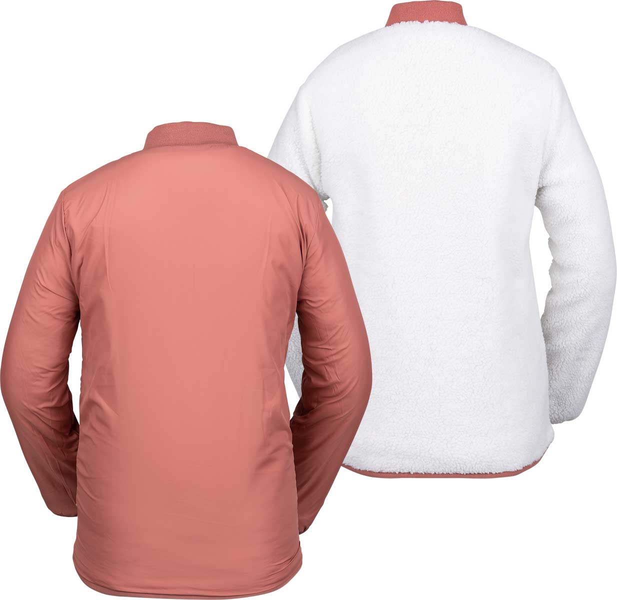 Volcom Women's Reversible Polar Shell Jacket 2020 - A white jacket with a pink fleece side and a pink shell side, featuring a high collar and zippered pockets on both sides.