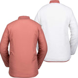 Volcom Women's Reversible Polar Shell Jacket 2020 - A white jacket with a pink fleece side and a pink shell side, featuring a high collar and zippered pockets on both sides.