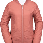 Volcom Women's Reversible Polar Shell Jacket 2020 - A dusty rose-colored jacket with a high collar and zippered front, featuring a small embroidered logo on the left chest area.