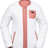 Volcom Women's Reversible Polar Shell Jacket 2020 - A white jacket with a pink interior and zipper, featuring a black label on the right chest pocket.