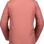 Volcom Women's Reversible Polar Shell Jacket 2020 - A dusty rose-colored jacket with a high collar and zippered pockets, featuring a subtle pattern of small white dots on one side.