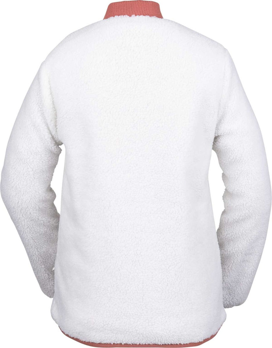 Volcom Women's Reversible Polar Shell Jacket 2020 - A white jacket with a pink collar and trim, featuring a subtle snowflake pattern on one side.