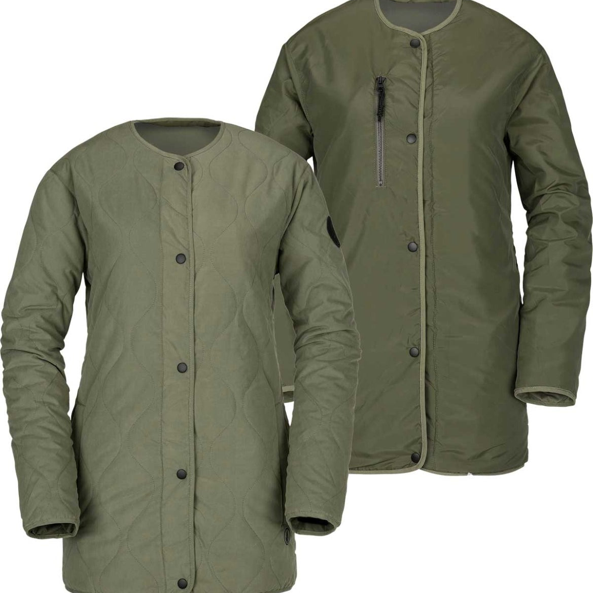 Volcom Jacket Liner Reversible Insulated Jacket 2020 - A dark olive green jacket with a quilted pattern and black snap buttons.