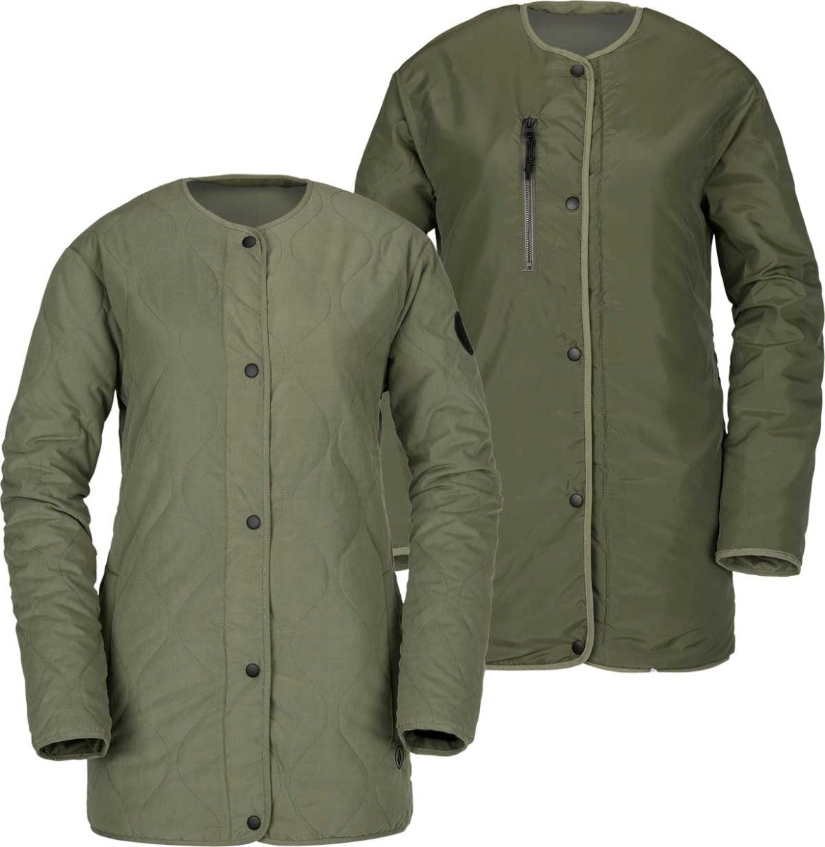 Volcom Jacket Liner Reversible Insulated Jacket 2020 - A dark olive green jacket with a quilted pattern and black snap buttons.