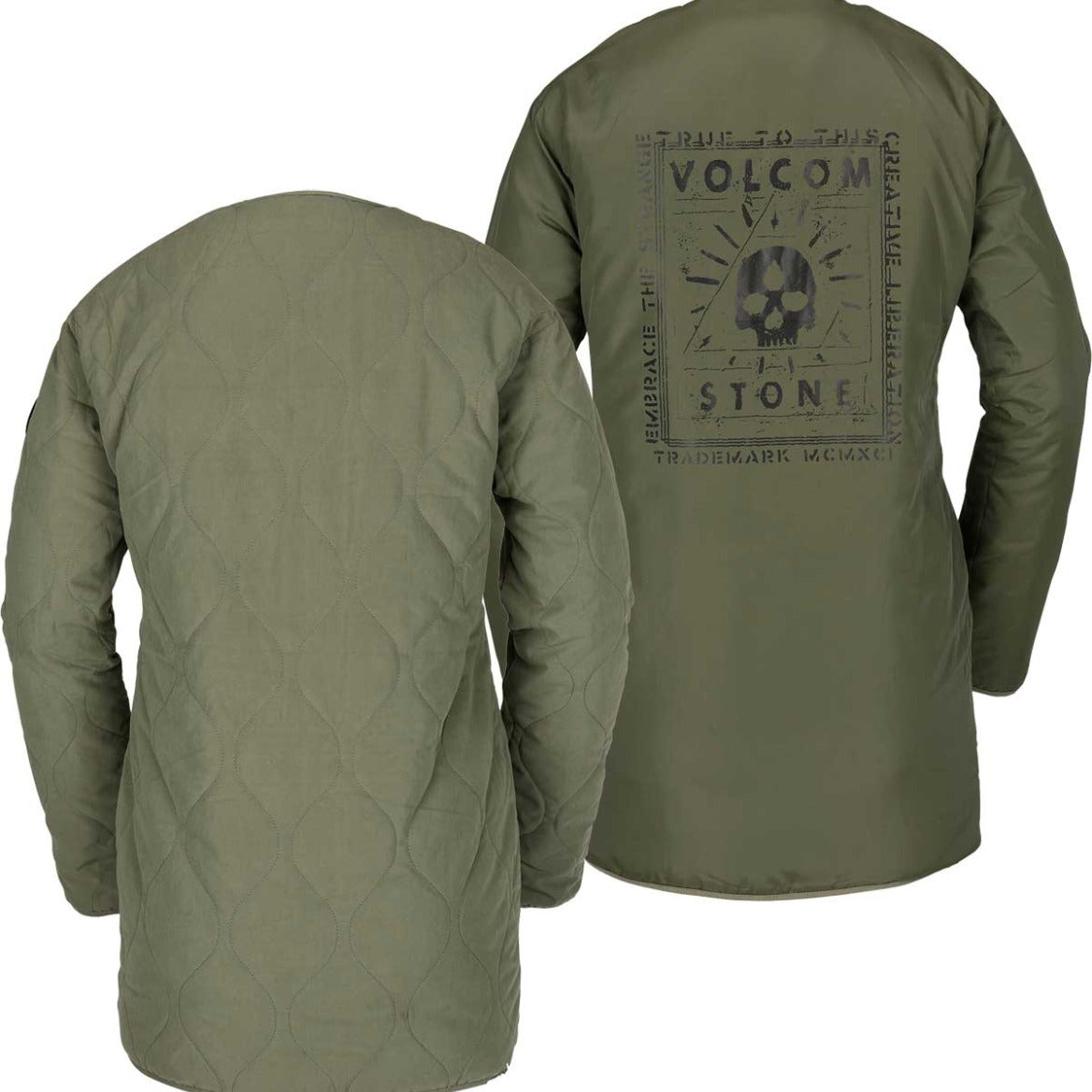 Volcom Jacket Liner - A reversible insulated jacket with a solid black color on one side and a patterned design on the other, featuring a skull graphic in the center of the back.