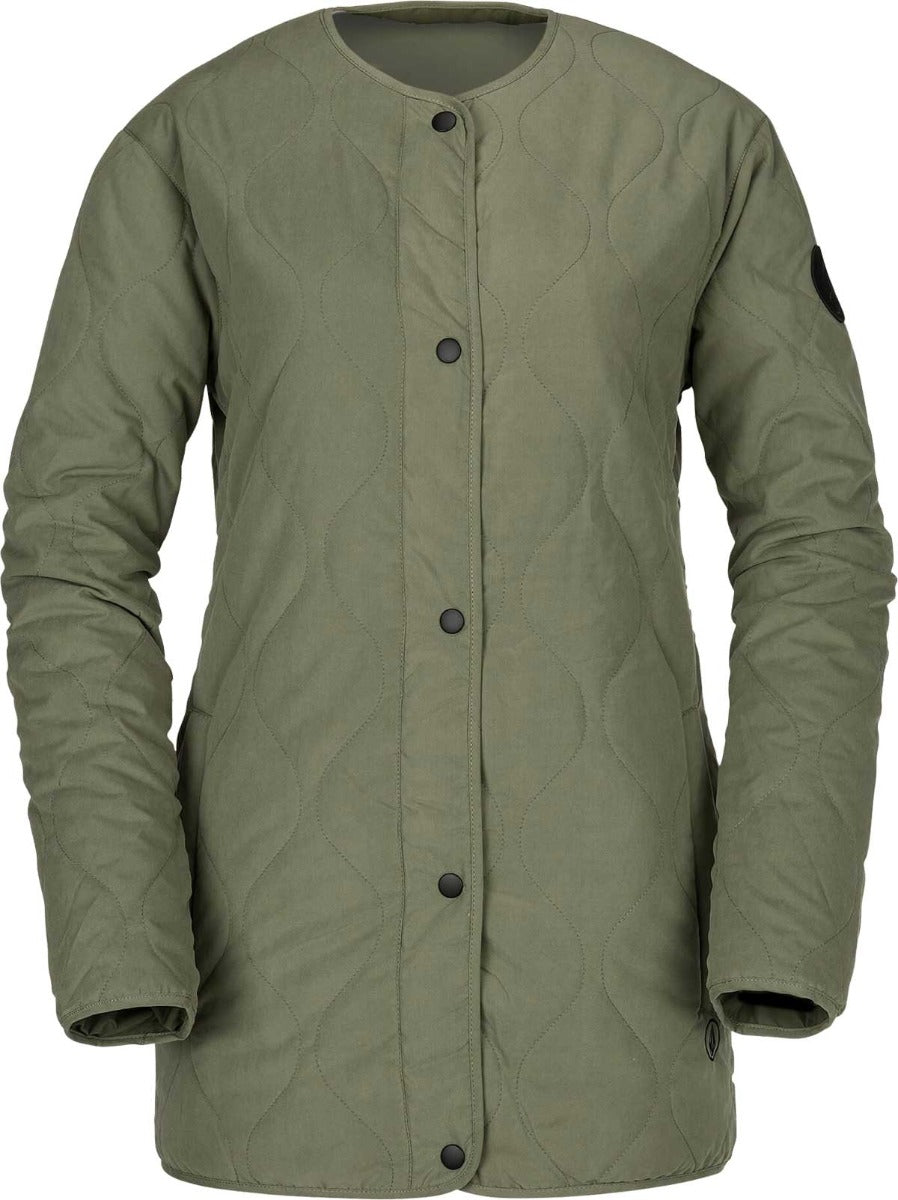 Volcom Jacket Liner - A dark-colored, reversible insulated jacket with a quilted pattern and black buttons down the front.