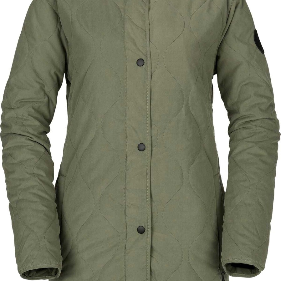 Volcom Jacket Liner - A dark-colored, reversible insulated jacket with a quilted pattern and black buttons down the front.