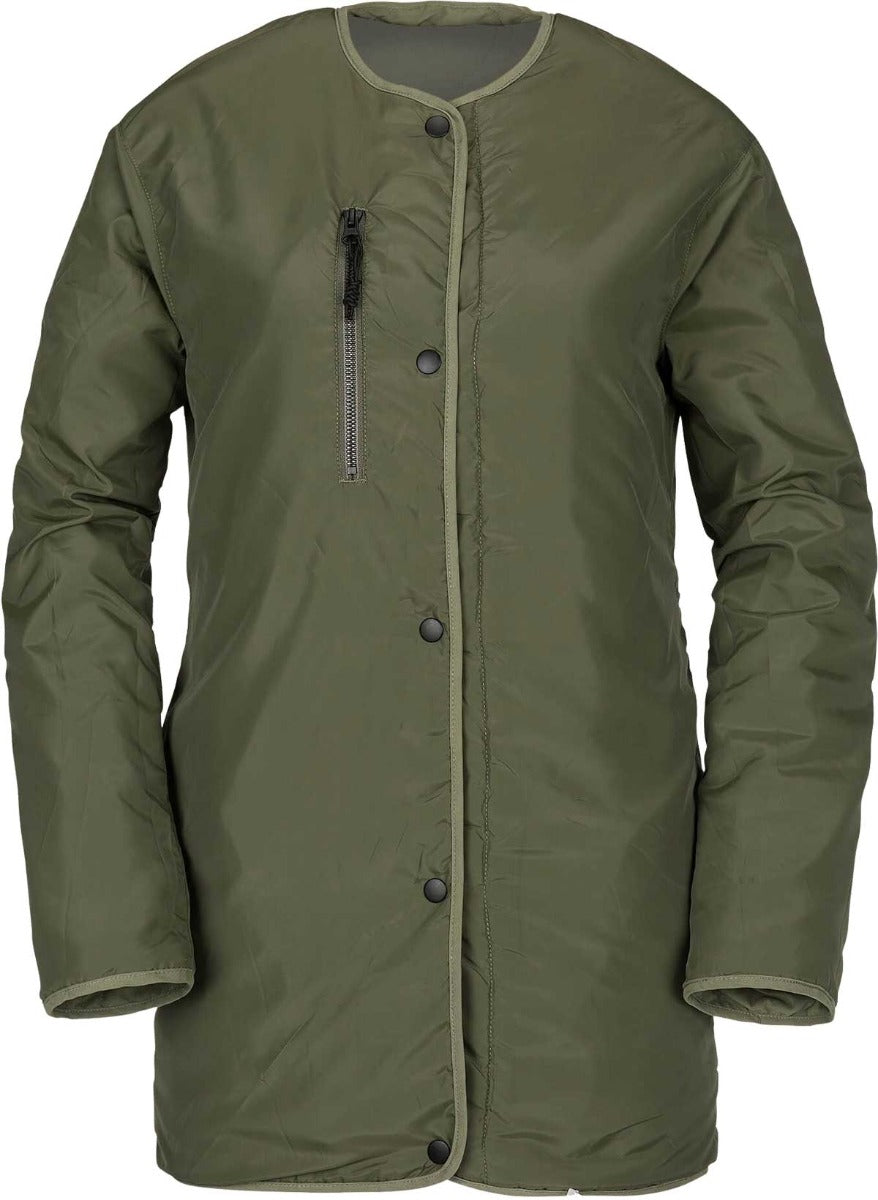 Volcom Jacket Liner - A dark olive green reversible insulated jacket with a zipper and snap buttons, featuring a subtle diagonal plaid pattern on one side.