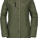 Volcom Jacket Liner - A dark olive green reversible insulated jacket with a zipper and snap buttons, featuring a subtle diagonal plaid pattern on one side.