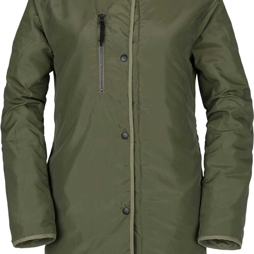 Volcom Jacket Liner - A dark olive green reversible insulated jacket with a zipper and snap buttons, featuring a subtle diagonal plaid pattern on one side.