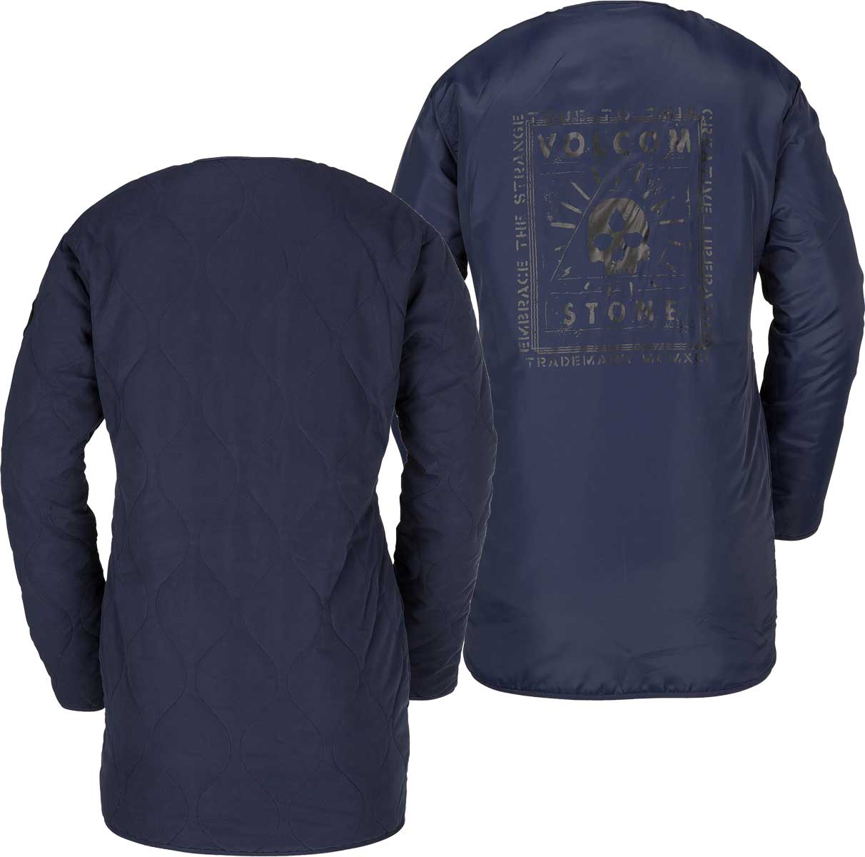 Volcom Jacket Liner - A dark gray jacket with a subtle diamond pattern on the back, featuring a skull logo in the center.