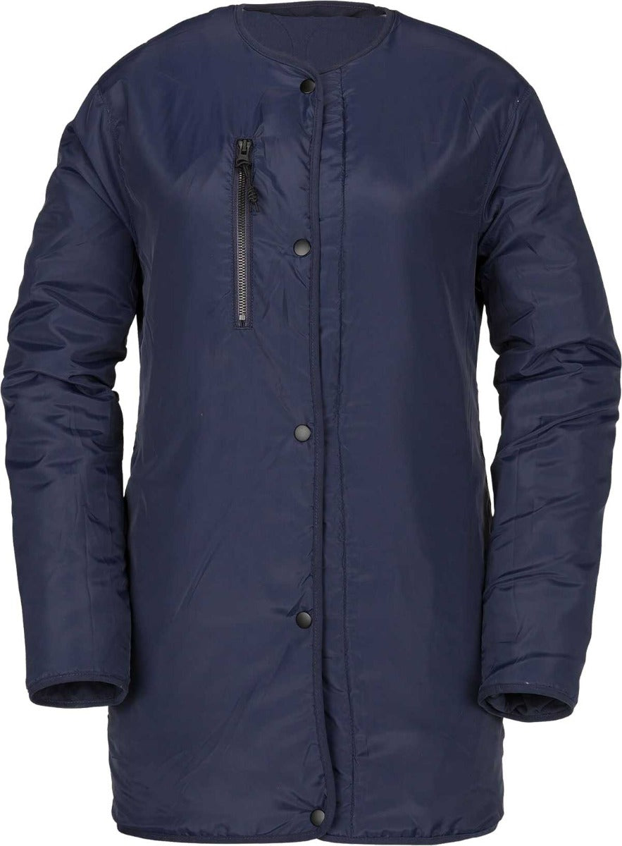 Volcom Jacket Liner - A dark gray jacket with a subtle grid pattern on the back, featuring a zipper and snap buttons down the front.