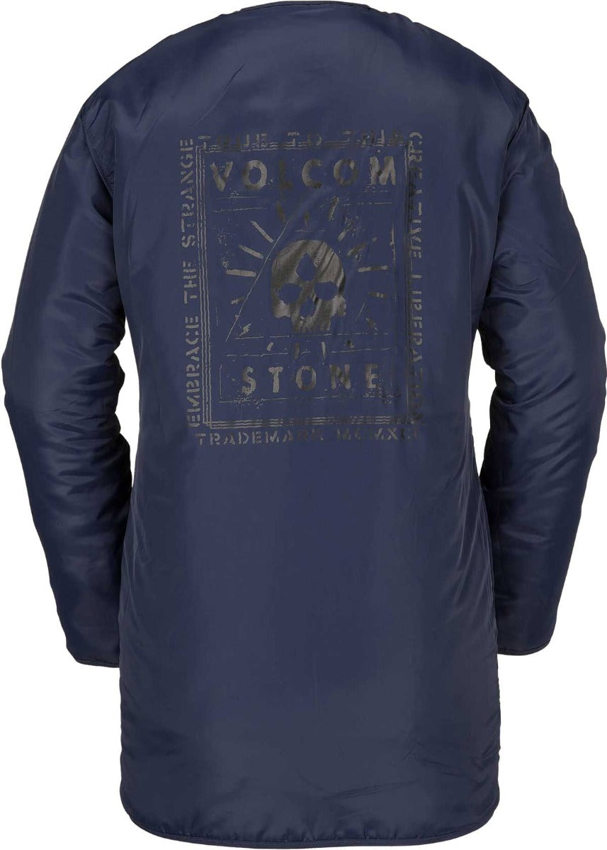 Volcom Jacket Liner - A navy blue jacket with a white and grey reversible design, featuring a skull graphic on the back.